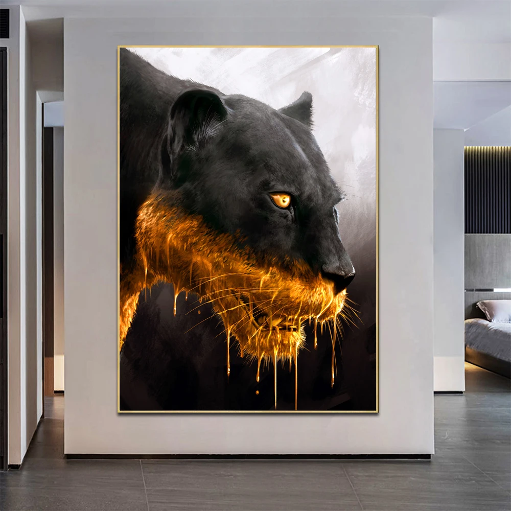 

Luxury Golden Black Panther Canvas Painting Wild Animal Poster and Print Wall Art Pictures for Living Room Cuadors Home Decor