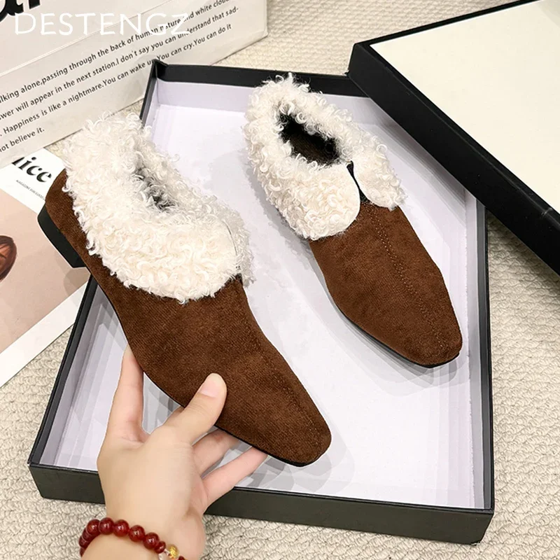 Женские ботильоны на меху замшевые короткие плюшевые модные хлопковые туфли с