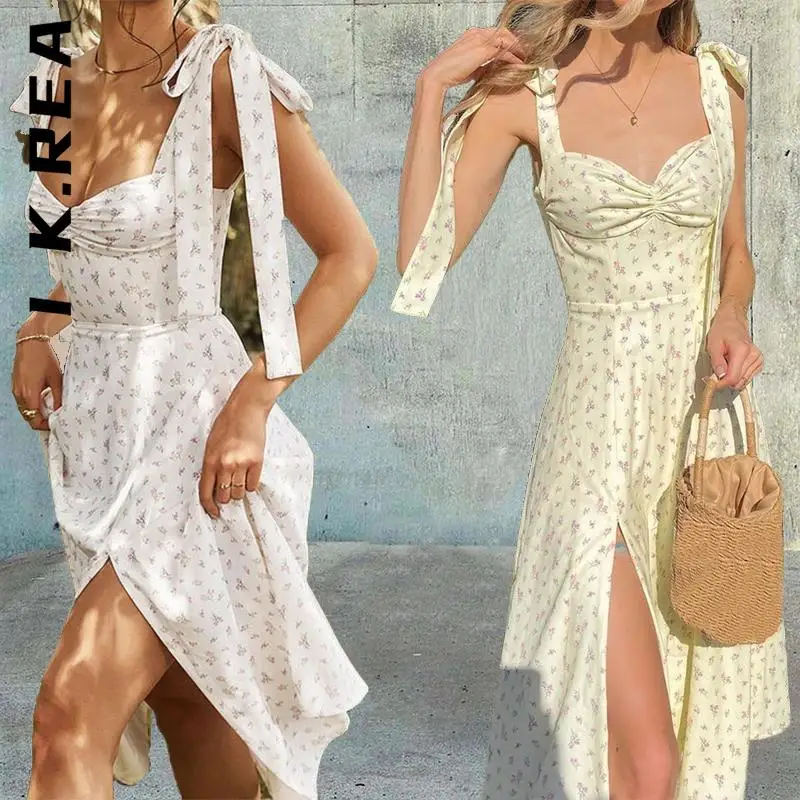 

I K.Rea Fashion Floral Slip Backless Pleated Slit White Yellow Lace-up Dress Slim Cheap Dresses Woman Female Vestidos