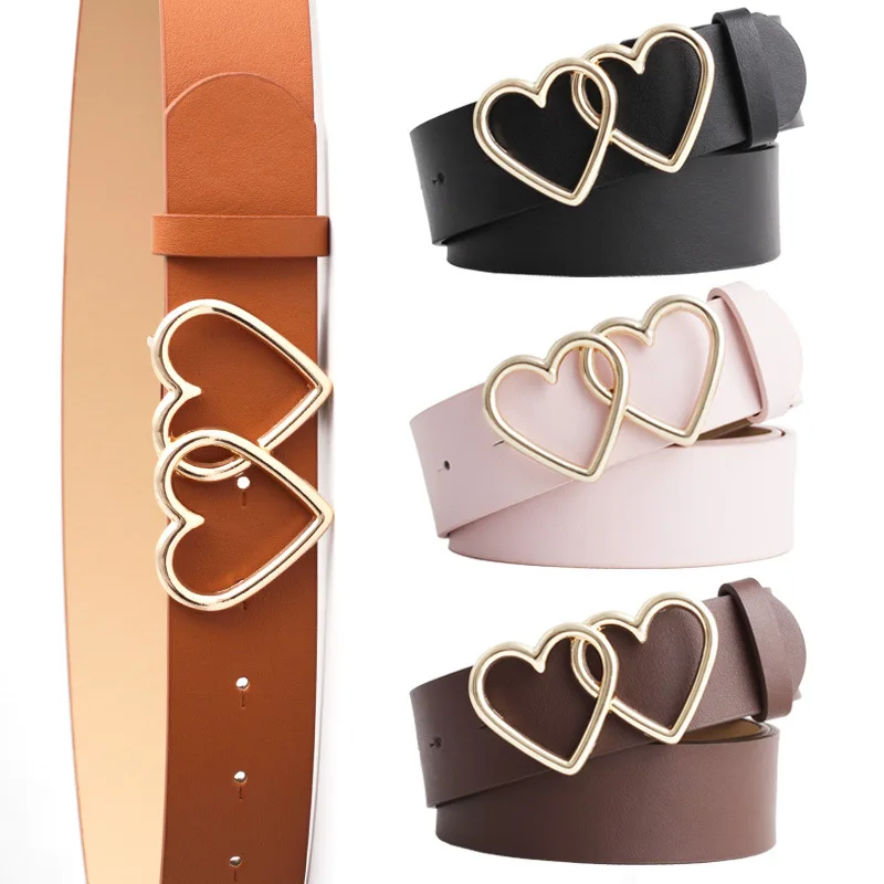 Women Double Sweet Heart Shaped Golden Silver Ring Color Buckle Belts Pu Leather Designer New Girls Dress Trouser Jeans Strap