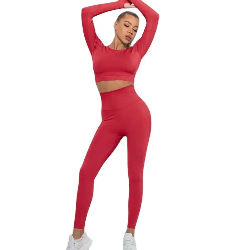 

Ithecaphir Seamless fold Tall waist peach Tight Long-sleeved trousers Moisture absorption perspiration Yoga pants two-piece set