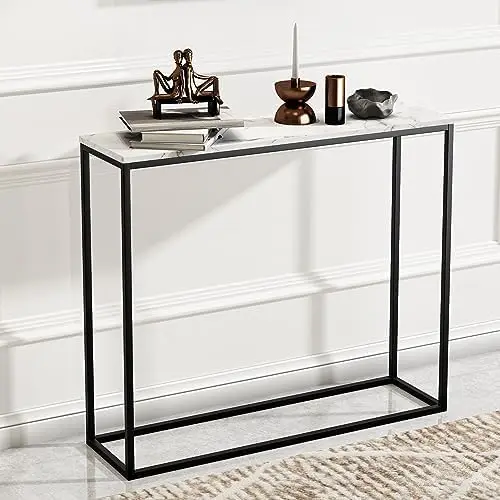 

Modern Faux Marble Console Table for Entryway, Rectangular Entrance Sofa Table, Entry Table with Black Metal Frame, Table for D