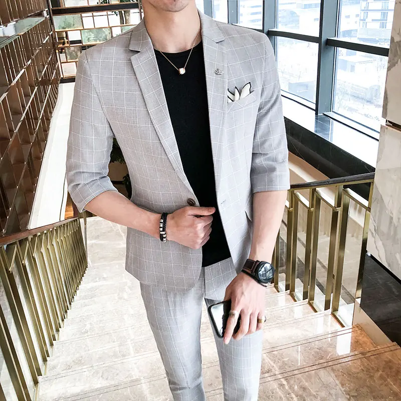 

Костюм мужской Клетчатый тонкий с коротким рукавом, пиджак и брюки, приталенный Деловой, Повседневный, для вечеринок, Корейская версия, на лето