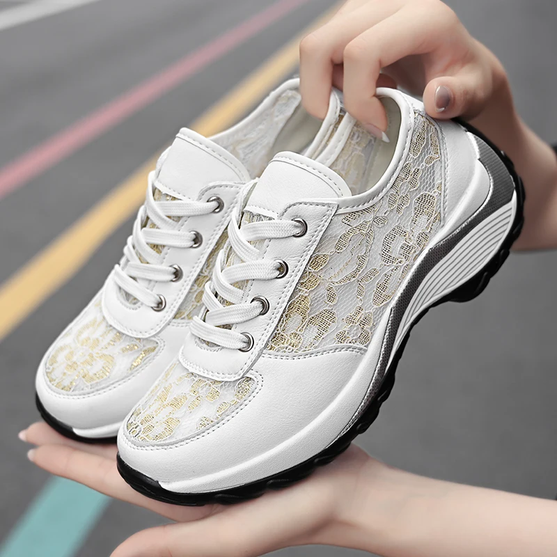 Women New Brand Fashion Casual PU Leather Jointed Lace Sport Shoes Female Summer Breathable Lightweight Lace-up Leisure Sneakers