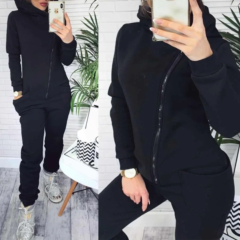 2022 Spring Fashion Ladies Clothes Women's Jumpsuit Fleece Zipper Pocket Long Sleeve Hooded Rompers Solid Warm Romper For Women