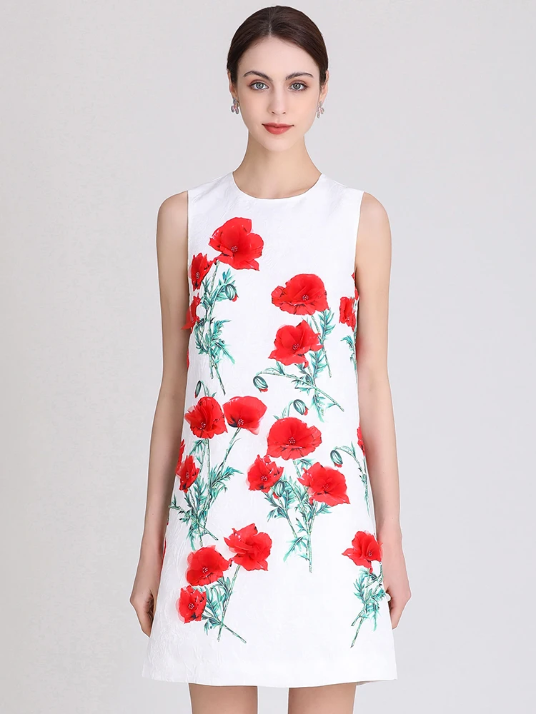 MoaaYina Fashion Designer Spring Summer New Woman's dress  Sleeveless Beading Flower Printing Mini Dresses
