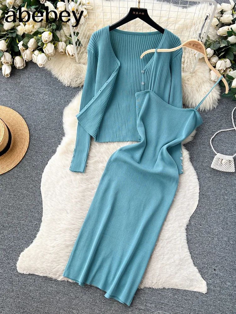 

Women Elegant Knit Two Pieces Sets Sweater Long Sleeve Cardigan and Stretch Bodycone Vneck Slip Dress Autumn Winter Pencil Dress