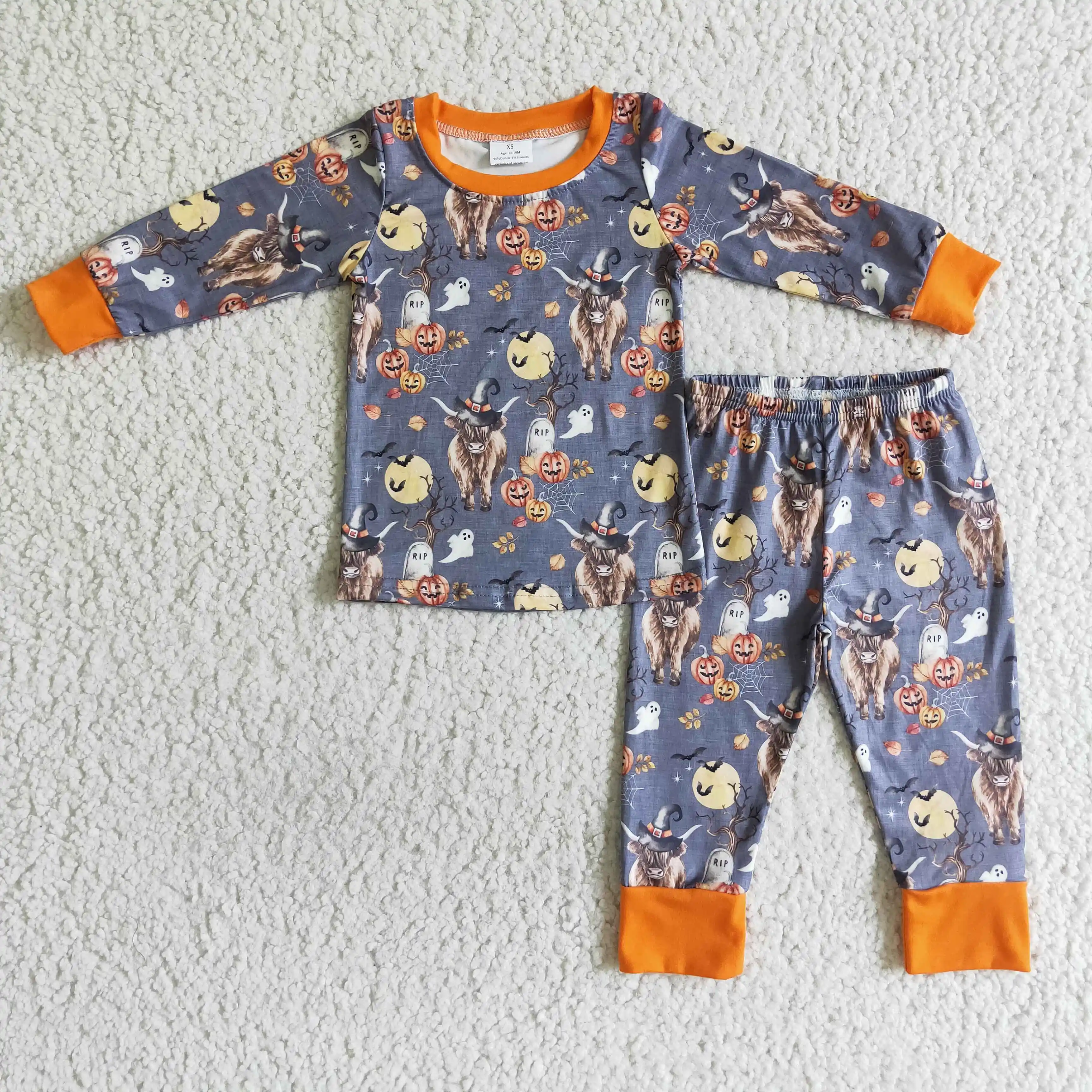

BLP0039 halloween highland cow and pumpkin pattern long sleeve pajamas outfit