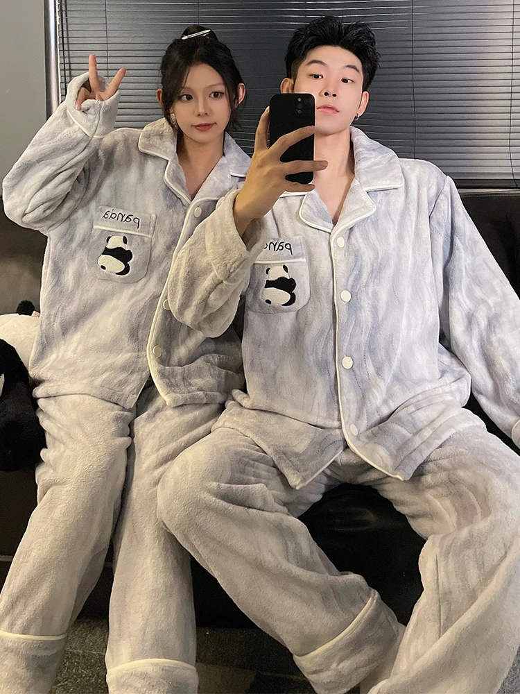 Autumn and Winter Coral Fleece Couple Pajamas Women Thickened Fleece-lined Warm 2024 New Cartoon Men's Homewear