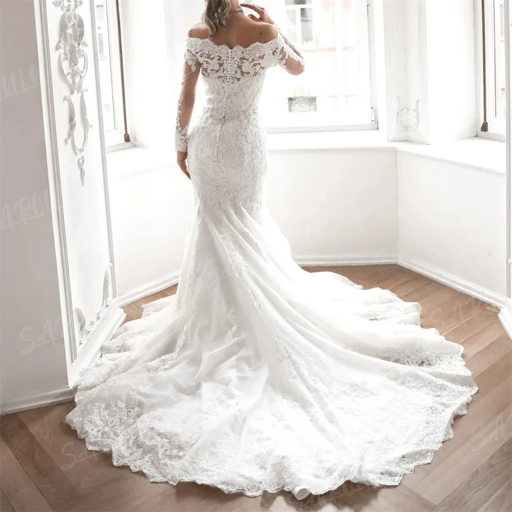 

Luxury Lace Appliques Bride Dresses Long Sleeve Off The Shoulder Illusion Wedding Dress Robe De Mariee Court Train Bridal Gown