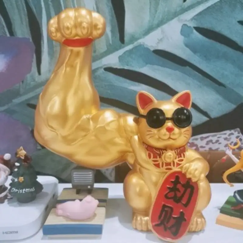 

Golden Lucky Cat Cartoon Animal Sculpture Statuette Abstract Big Arm Muscle Cat Shop Living Room Decoration Vigorous Cat Statue