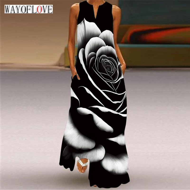 

WAYOFLOVE Ladies Spring Summer Black Long Dress Loose Sleeveless V-neck Flower Print Elegant Dresses Party Boho Beach Maxi Dress