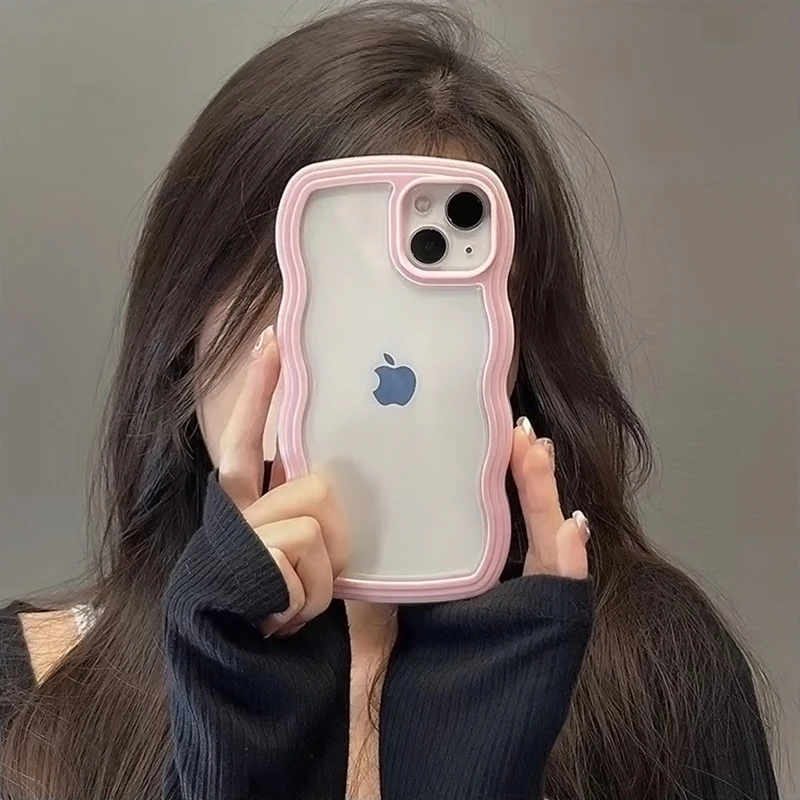 

Double-Layer Wavy Border Macaron Phone Case For iPhone 13 12 11Pro Max Xs Xr 8Plus Clear Soft Shell Shockproof Camera Protection