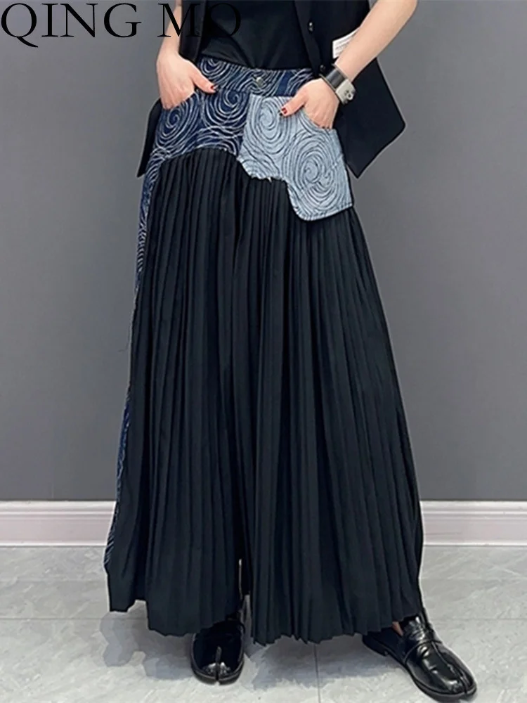 

QING MO 2023 Spring Summer New Korean Fashion Denim Patchwork Pleated Single Wide Leg Pants Women Thin Black Blue ZXF1994