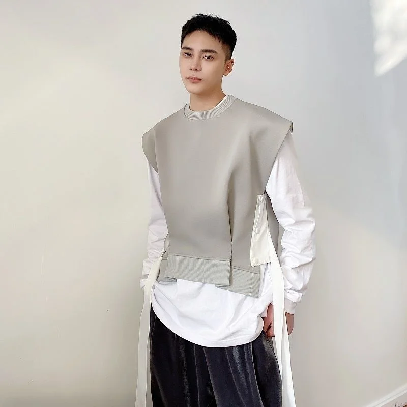 

IEFB Korean Tide Personalized Ribbon Round Neck Men's Vest Trend Autumn Fashionable Pullover Niche Design Grey Waistcoat 9A0671