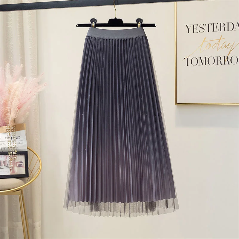 

Gradual Star Sky Sequin Mesh Halfskirt Spring/Summer New Mid Length High Waist A-Line Pleated Skirt Swing Draping Yarn Skirt