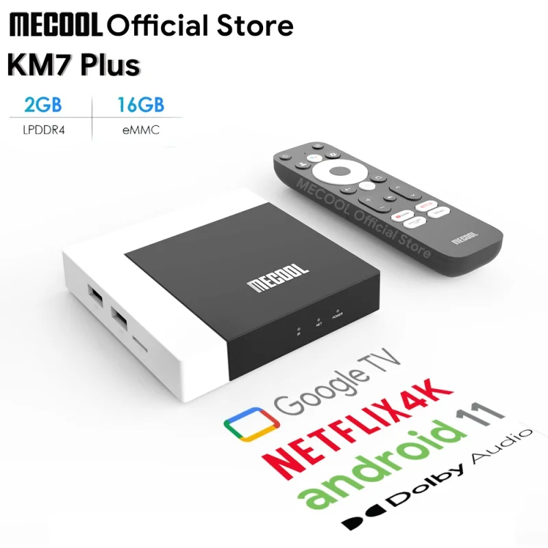 

ТВ-приставка MECOOL KM7 Plus, Android 11, Netflix, 4k, Google TV, 2 Гб DDR4, 16 Гб ПЗУ, 100 Мбит/с, LAN интернет, S905Y4, домашний медиаплеер, телеприставка