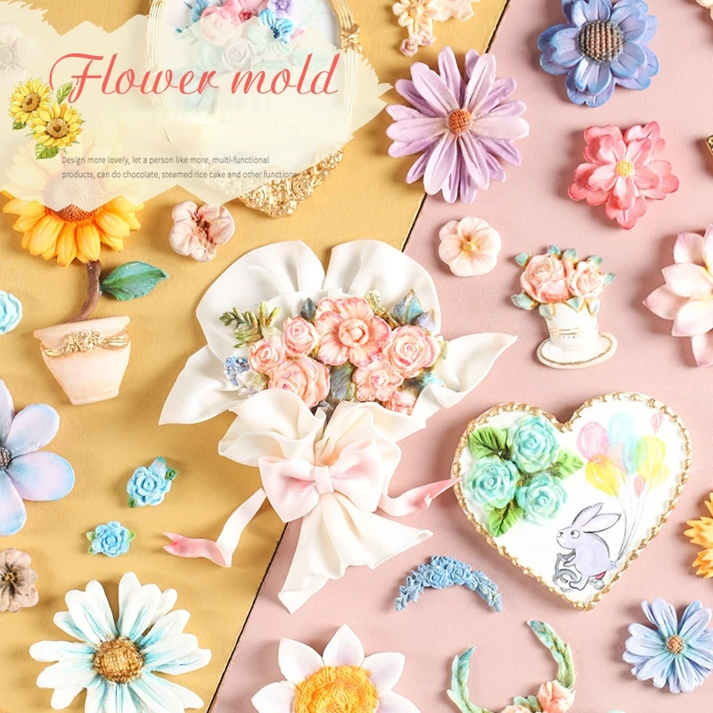 

Fondant Flower Series Silicone Mold Daisy Sunflower DIY Chocolate Wedding Cake Edge Decoration Mold Baking Tools Accessories