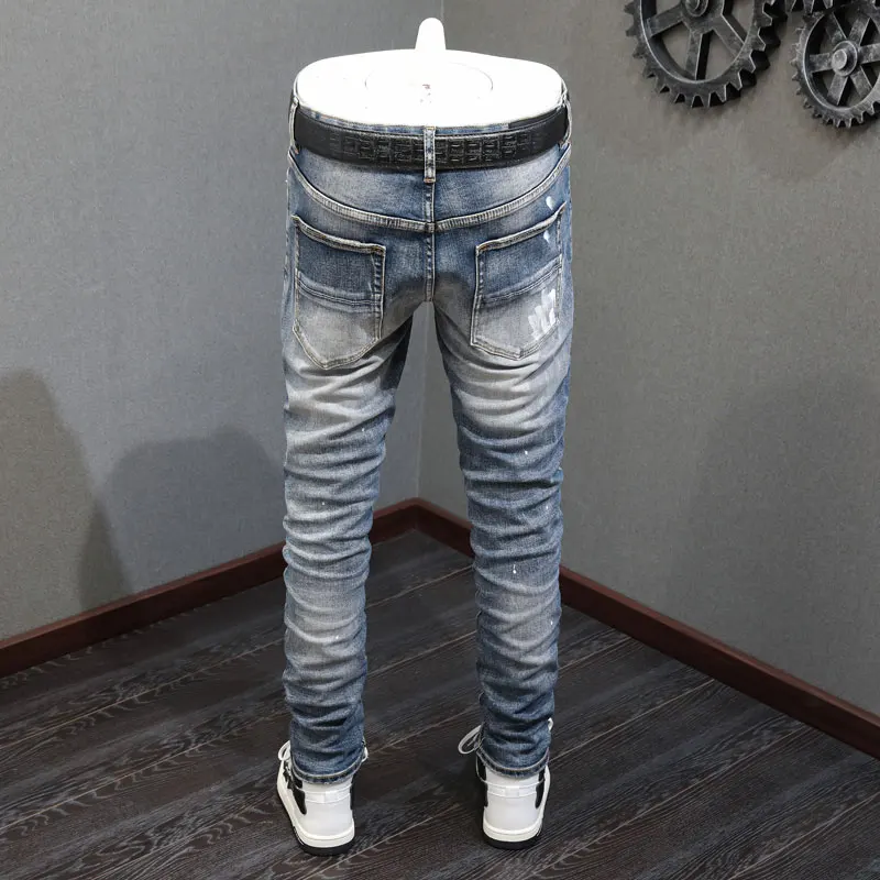 Уличные модные мужские джинсы в стиле ретро потертые синие Стрейчевые рваные с