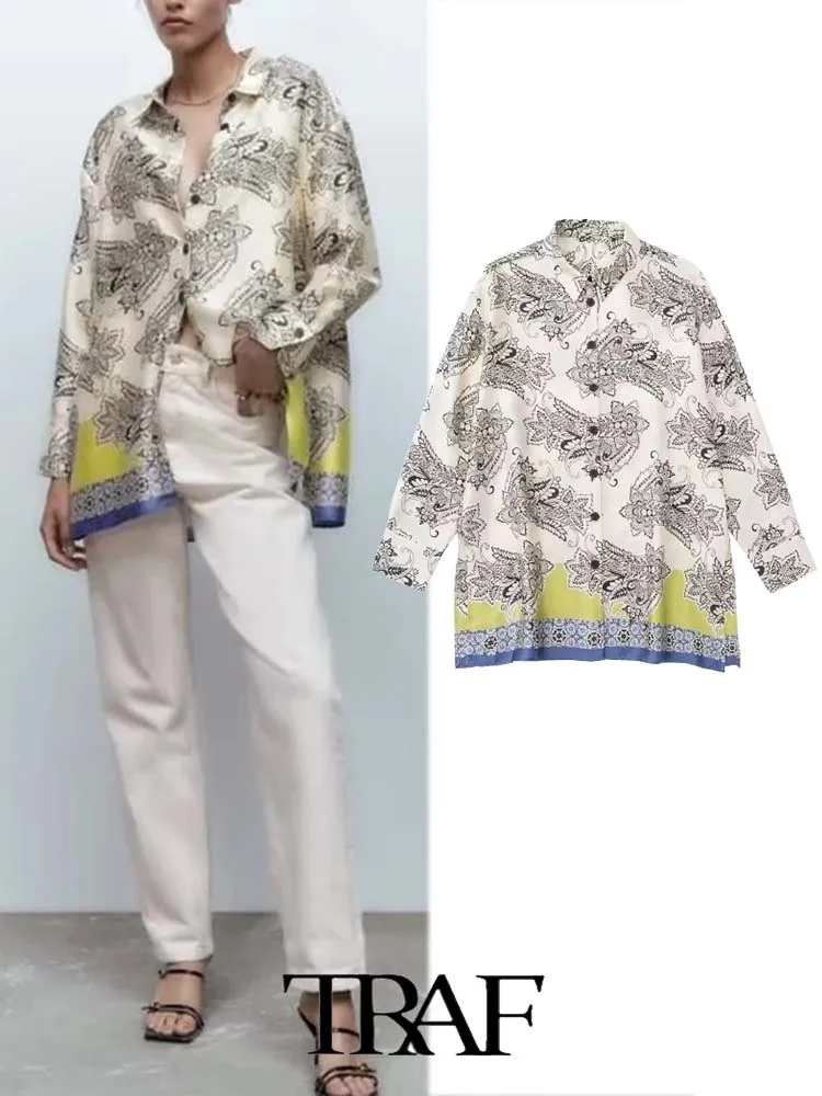

TRAF 2022 Shirt Women Summer Blouse New Fashion And Leisure Long Loose Printed Casual Shirt Top Woman Long Sleeve Top