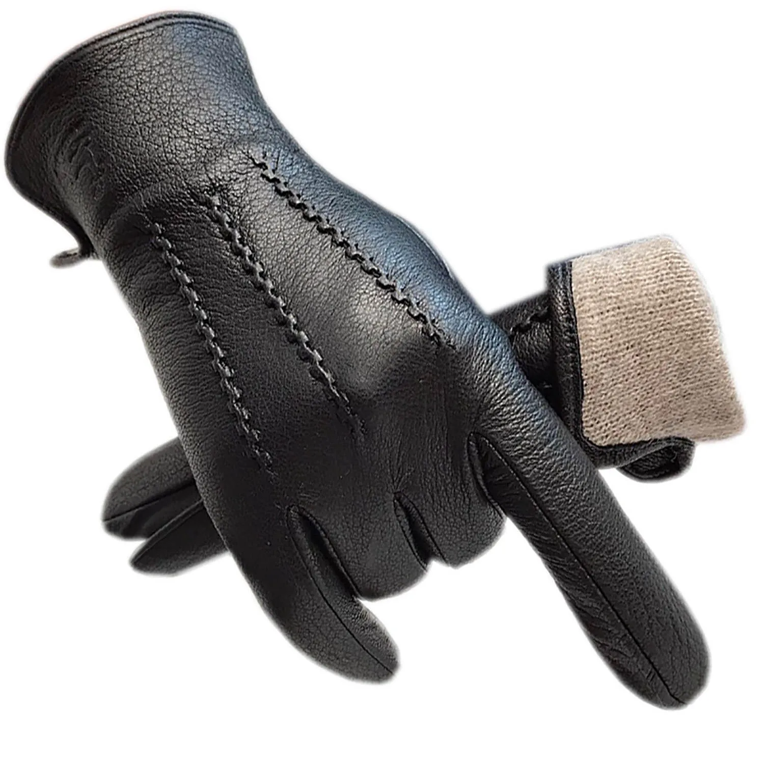 

Winter Men's Deerskin Gloves Wrist Fashion New Genuine Deerskin Gloves Wool Lining Machine Sewing Warm Driving Riding Riding
