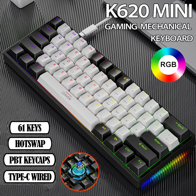 

K620 Gaming Mechanical Keyboard 61 Keys RGB Hotswap Type-C Wired Gaming Mini Keyboard PBT Keycaps 60% Ergonomics Keyboards