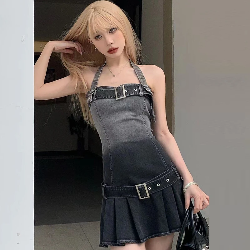 

Summer Women Sash Black High Waisted Denim Dress , Woman Slim Spaghetti Strap Pleated Belt Camisole Dresses