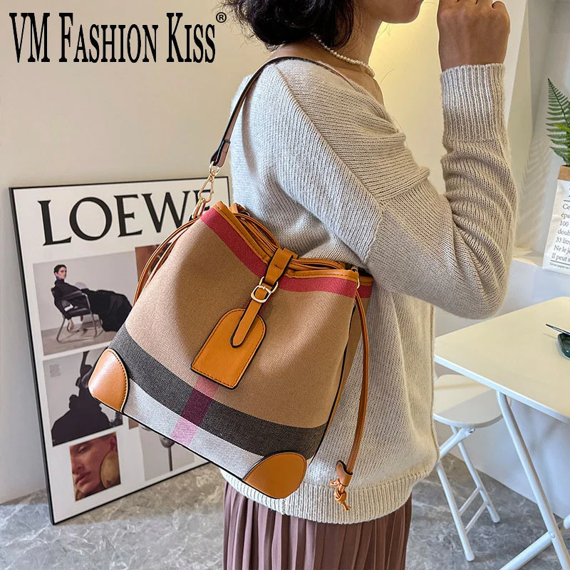 

VM FASHION 2022 Women's Bucket Bags PU Leather + Canvas Stitching Luxury Handbags Large Capacity Designer Shoulder Bag