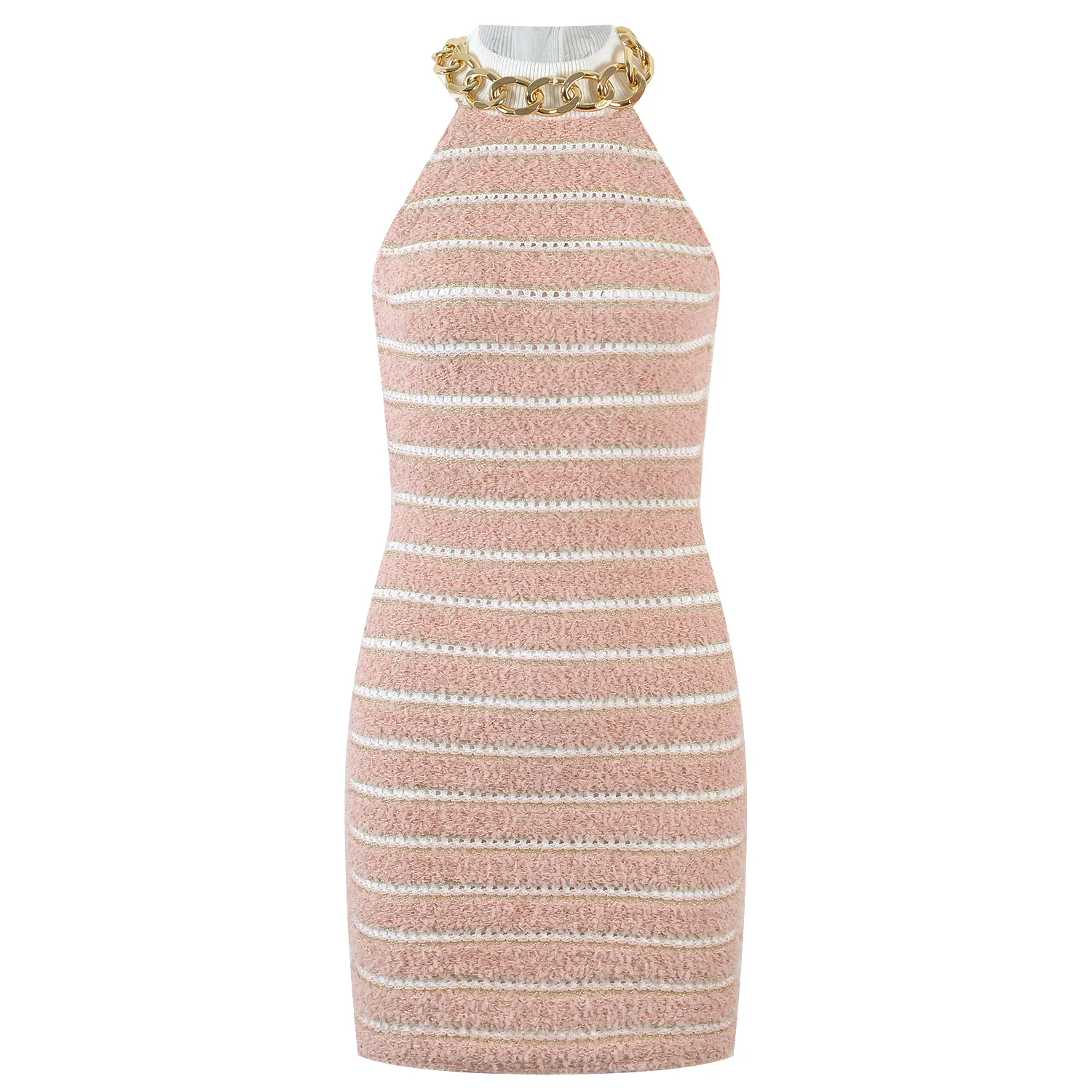 

Vintage Striped Sweater Knitting Dresses Wome Mini Dress Lurex Sexy Chain Back Zipper Party Clun Dress Vestidos Japan Korean