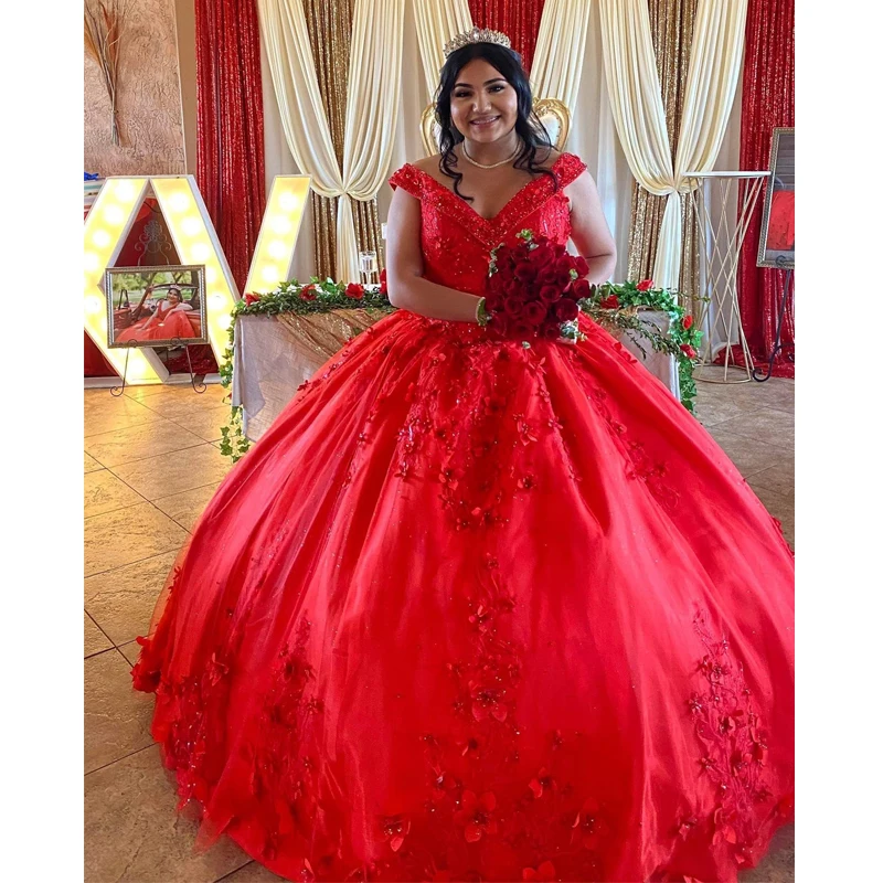 Красный бальный наряд Doymeny с открытыми плечами, платья для Quinceanera, вышитые бисером аппликации, платья для выпускного вечера, дня рождения принцессы, милые 16 15