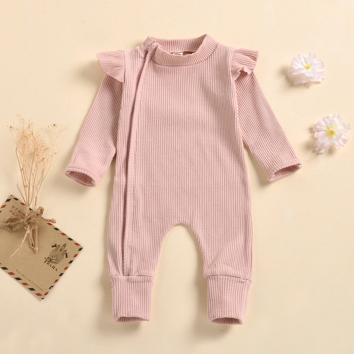 

Ribbed Zipper Romper Baby Boys Girls Clothes Autumn Spring Long Sleeve Solid Color Bodysuit Romper Fashion Infant Short Jumpsuit