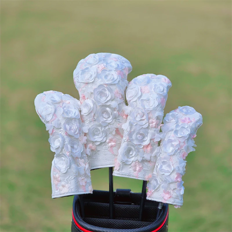 Фото Чехлы на голову для гольф-клуба Petal Flower Fairy Driver Fairway (FW) Wood Hybrid (UT) Белые цветы Женский стиль, Golf Blade Mallet Put №1