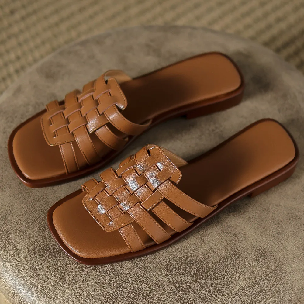 Women's genuine leather narrow band braided open toe slip-on flats summer out door slides soft comfortable sandals