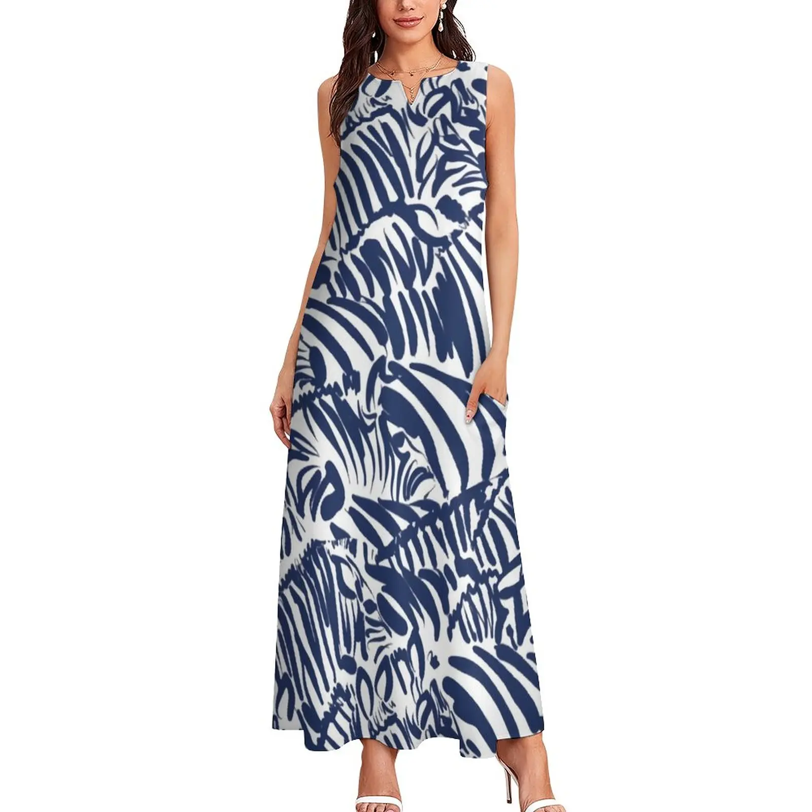 

Zebra Stripe Navy Dress Abstract Fun Animal Kawaii Maxi Dress Sleeveless Casual Long Dresses Street Fashion Oversized Clothing