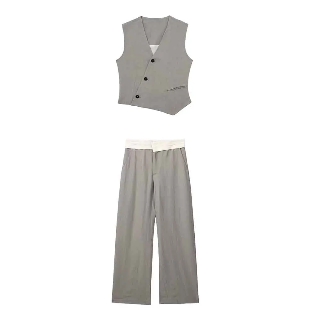 

Set Women 2 Pieces 2023 New Fashion Asymmetric Design Double Breasted Tank Tops Vintage Contrast Waist Pants Female Chic Tops