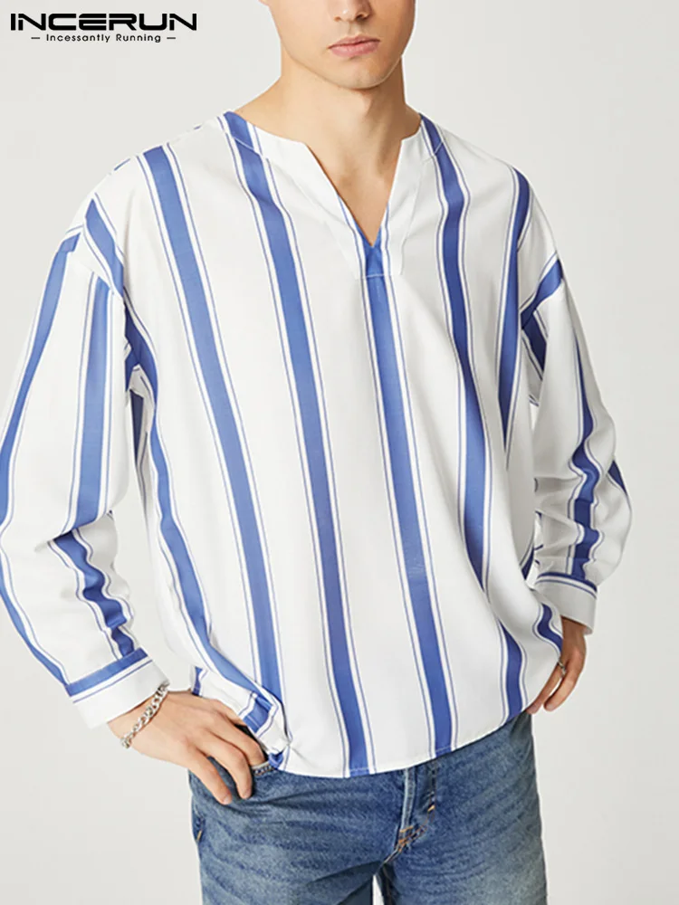 

INCERUN Fashion Men Striped Shirt V Neck Long Sleeve 2022 Vacation Casual Men Clothing Breathable Streetwear Leisure Camisas 5XL