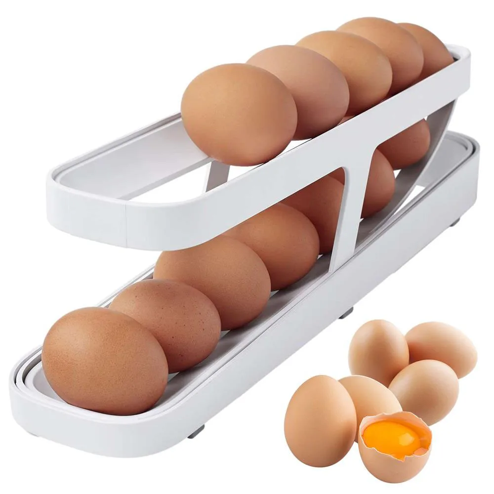 

Egg Holder Automatic Rolling Egg Storage Container 2 Tier Rolling Egg Dispenser For Refrigerator Space Saving Egg Organizer Tray