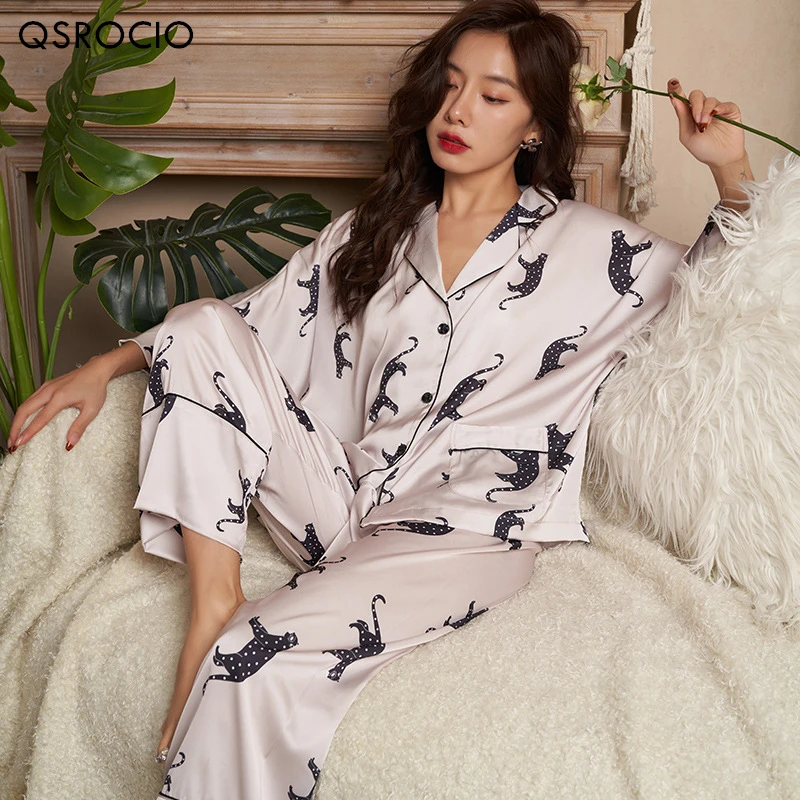 QSROCIO High Quality Women's Pajamas Set Luxury Leopard Print Loose Top Sleepwear Silk Like Nightwear Leisure Homewear Femme images - 6