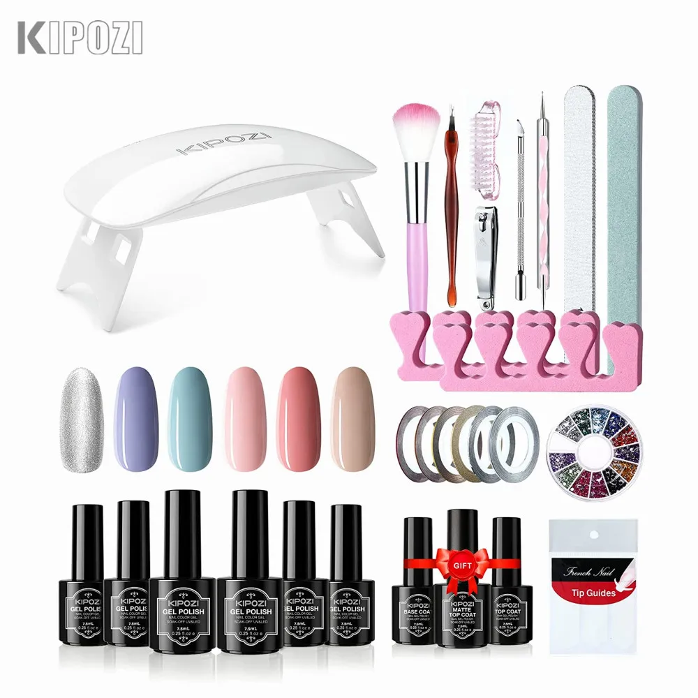 

KIPOZI Gel Nail Polish Kit UV Light 6W Nail Dryer Lamp, 6 Color Soak Off Gel Set with Base Glossy Matte Top Coat 0.25oz 7.5ml