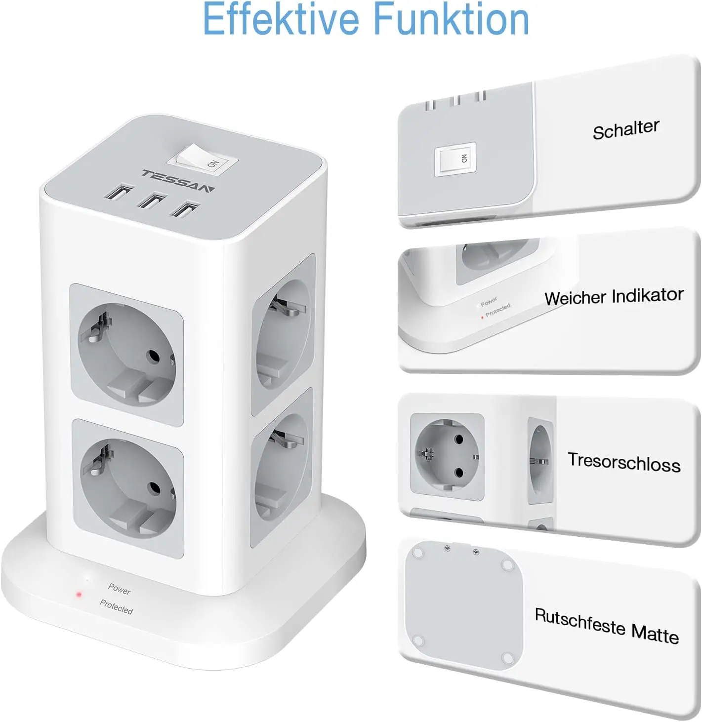 Сетевой фильтр TESSAN Tower Вертикальная Розетка с выключателем 8 розеток 3 USB-порта 2 м