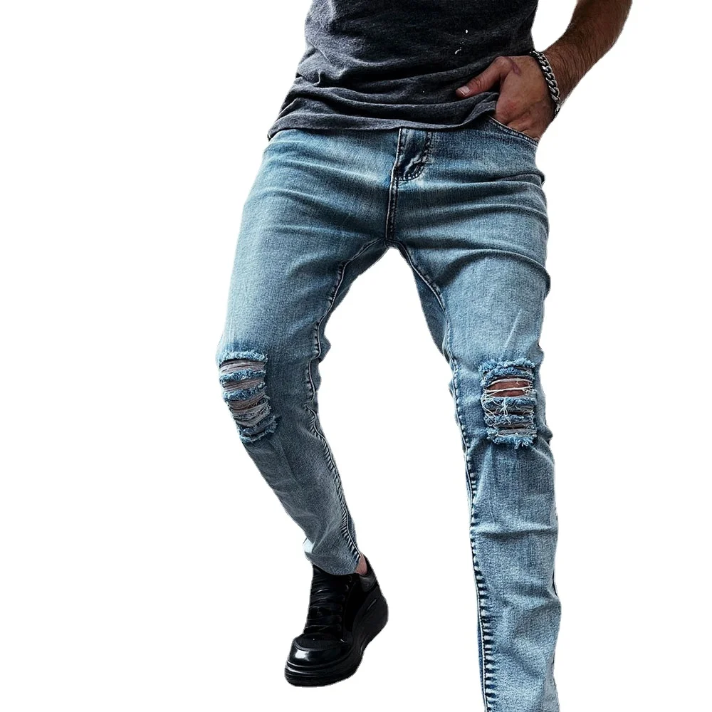 

Men Fashion Jeans Knee Hole Ripped Skinny Denim Pants Solid Color Autumn Summer Hip-Hop Style Slim Fit Trousers