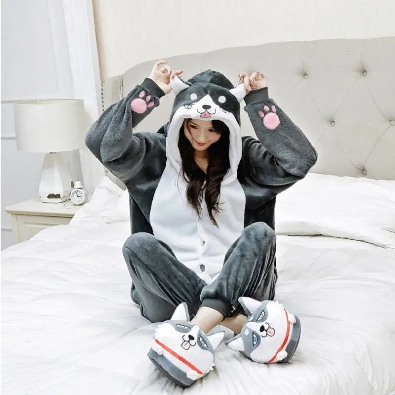 Dog Cosplay Costume Funny Onesies Corgi Kigurumi Adults Husky Women Men Anime Pajama Flannel Cartoon Homewear One-Piece Jumpsuit
