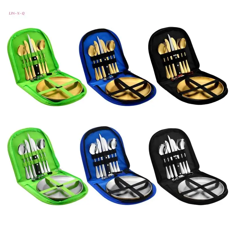 

Y51D Camping Silverware Cutlery Organizer Picnic Eating Utensils Set with Plate Stainless Steel Spoon Knife Fork Wine Opener