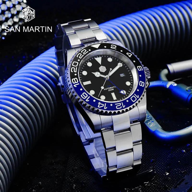

San Martin Diver Retro GMT Luxury Sapphire crystal Water Ghost Men Automatic Mechanical Watch 20Bar Waterproof BGW-9 Luminous