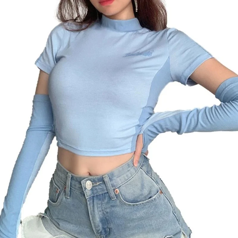 

2021 Women Short Sleeve Color Block Oversleeves Navel T-shirt Letter Print Round Neck Solid Tshirts Pullover Tops Female Clothes