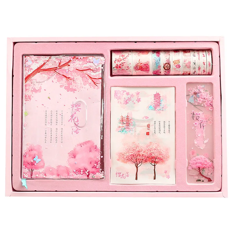 Creative Sakura Series Notebook Gift Box Stationery Set Kawaii Pink Diary Book Journals Agenda Planner Washi Tape Exquisite Gift