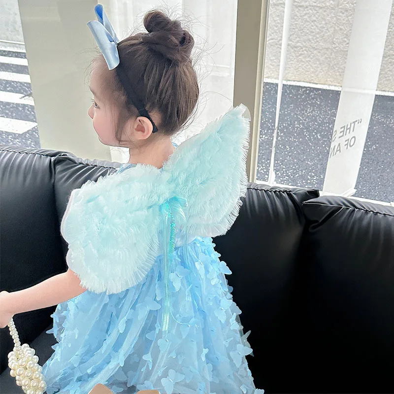 

2023 Summer Fairy Girls Butterfly Mesh Dress Children's Day Performance Costumes Removable Wings Vest Dress Blue Princess Dress