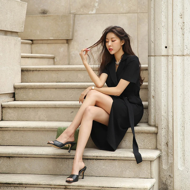 Women Elegant Office Dress Formal Temperament Vintage Casual Simple Solid Short Sleeve Belt Midi Pencil Dresses