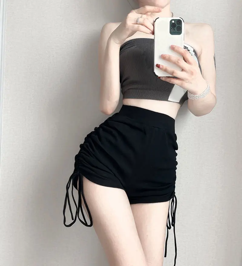 Drawstring Strap Sports Shorts Women Summer New Sexy Pleated High Waist Loose Fashion Elastic Force Hot Pants Korean Short