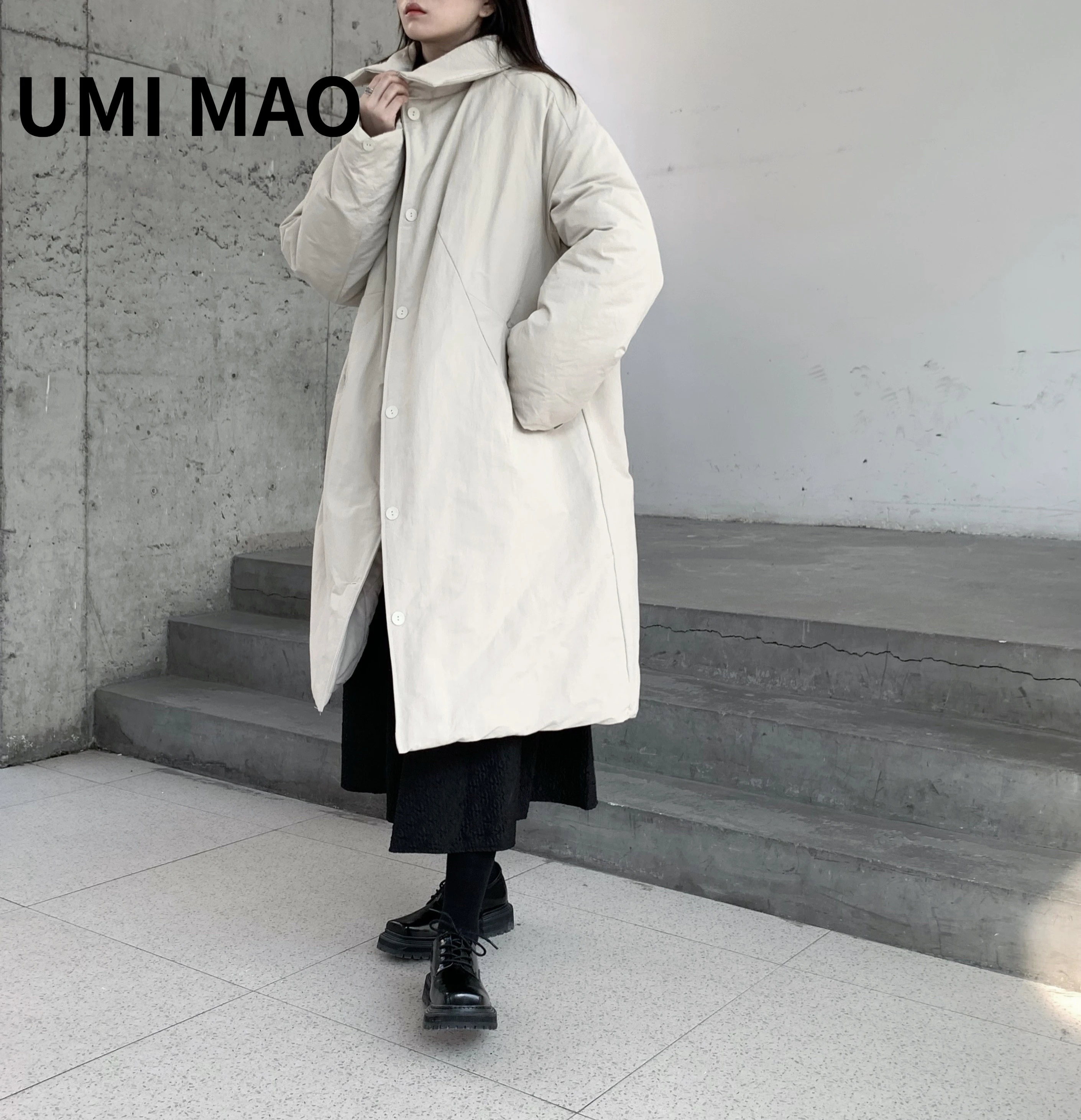 

UMI MAO Yamamoto Dark Designer Japanese Niche Design Loose Stand Collar Warm Long Cotton Coat Mid-length Thick Jacket Women
